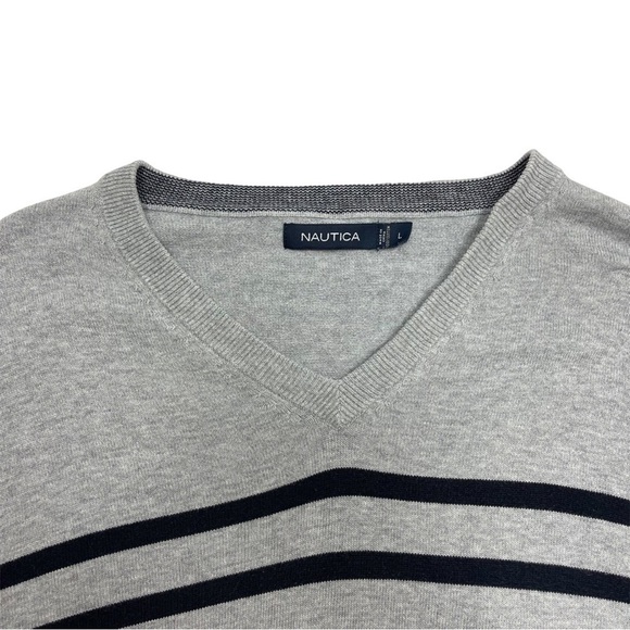 Nautica striped knited Sweater v neck grey blue size L sailor sail long sleeves - Picture 5 of 10